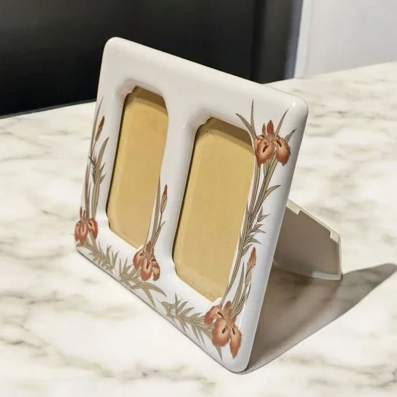 Vtg Picture Frame Porcelain Orchid Orange Floral Metallic Copper Accents Japan - Picture 1 of 10